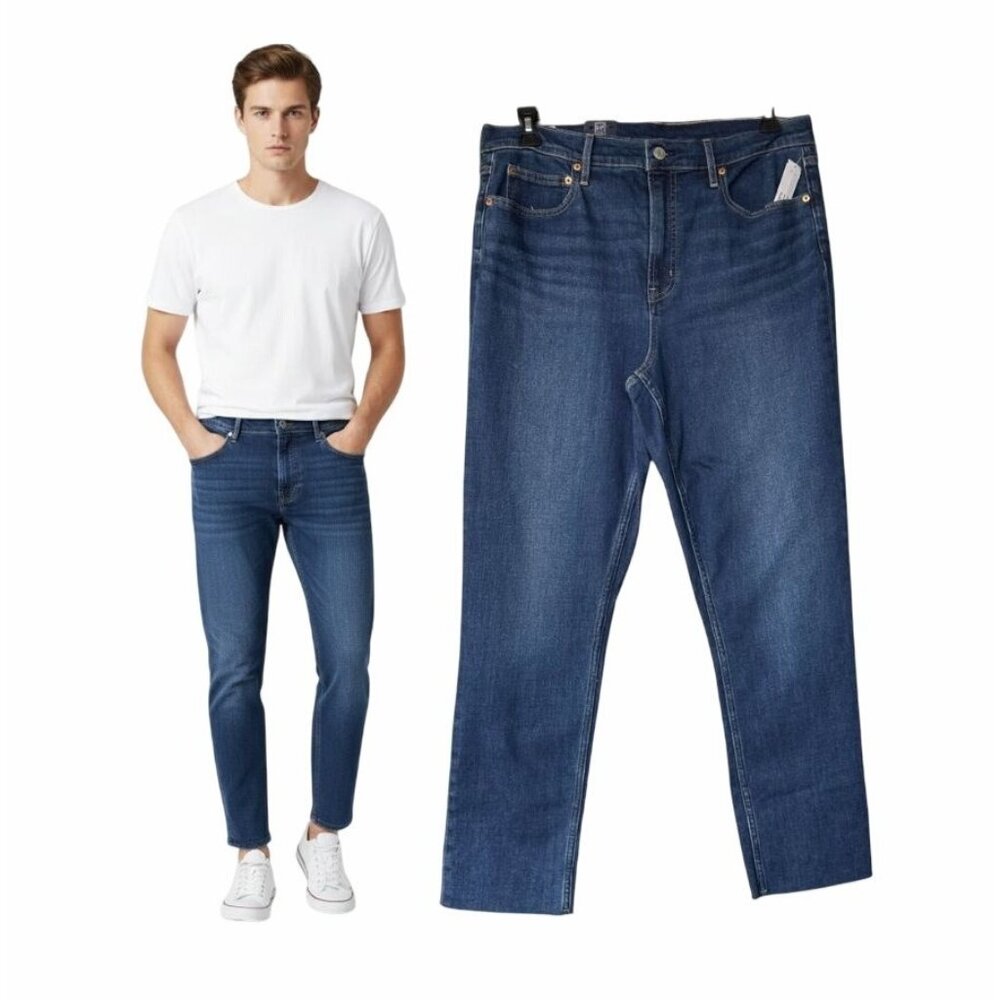 ⭐Gap High Rise Straight Men's Jeans Sz 33*16L Medium Wash Blue Raw Hem New